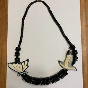Vintage wooden boho seagull and butterfly Black Beaded necklace